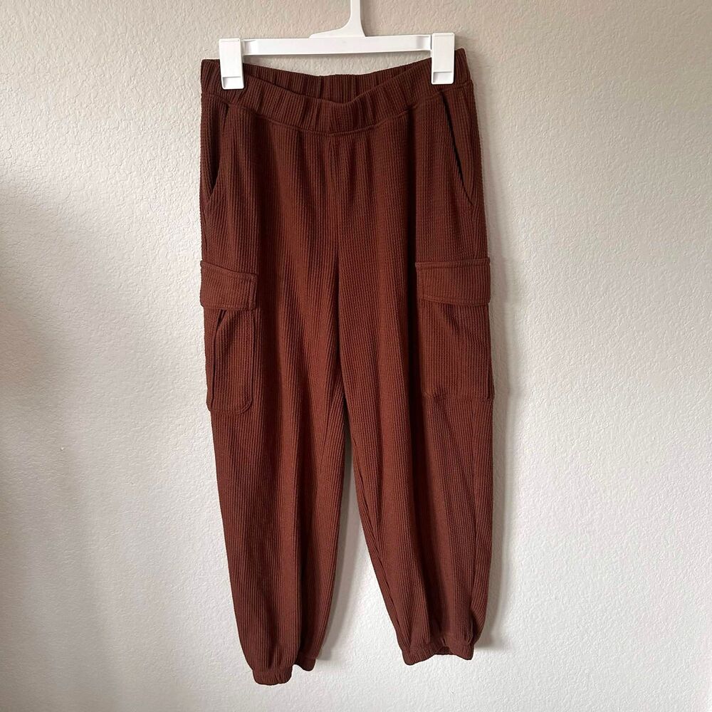 Aerie Traveler Waffle Knit Cargo Jogger Pants Brown Size S Cozy Loungewear